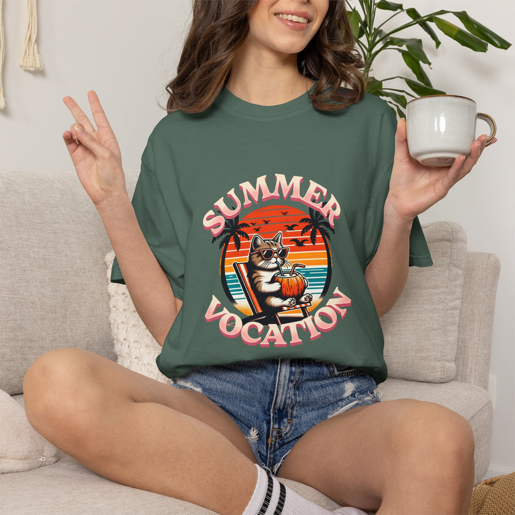 Summer Vacation T‑Shirt — Retro Cat on Beach Graphic