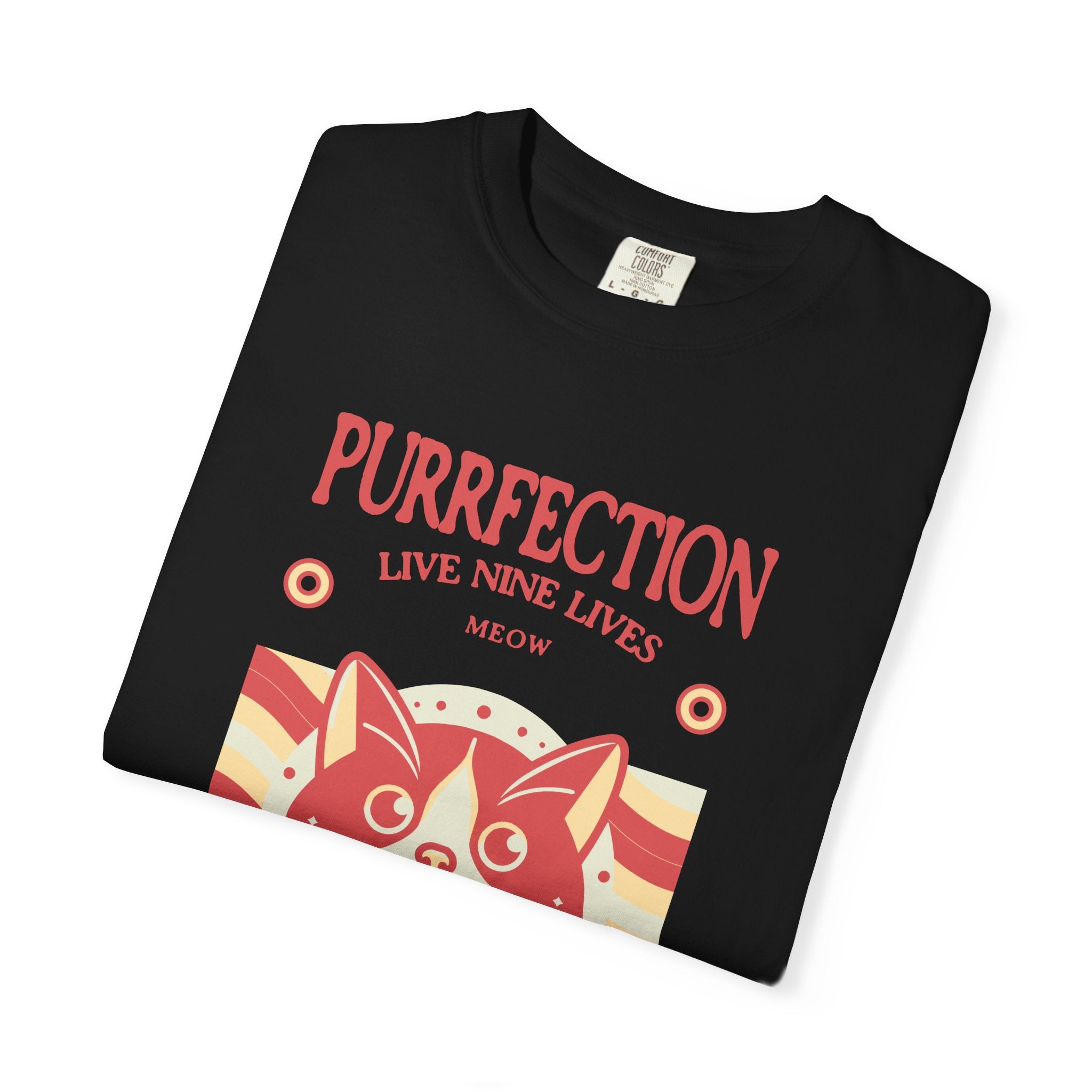 Purrfection Cat T-Shirt — "Purrfection Lives Nine Lives" Retro Cat Graphic Tee