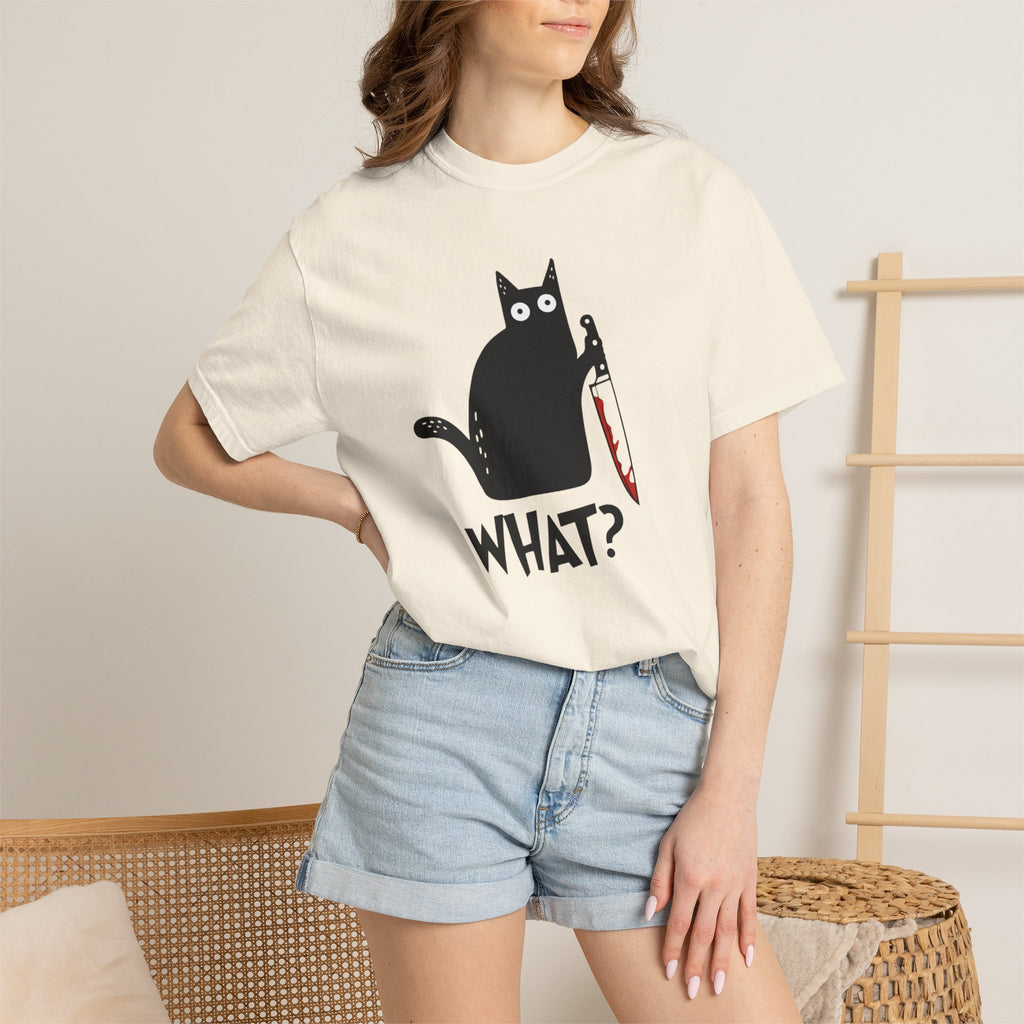 Funny Cat Holding Knife T-Shirt — "What?" Graphic Tee (Dark Humor, Halloween Gift)