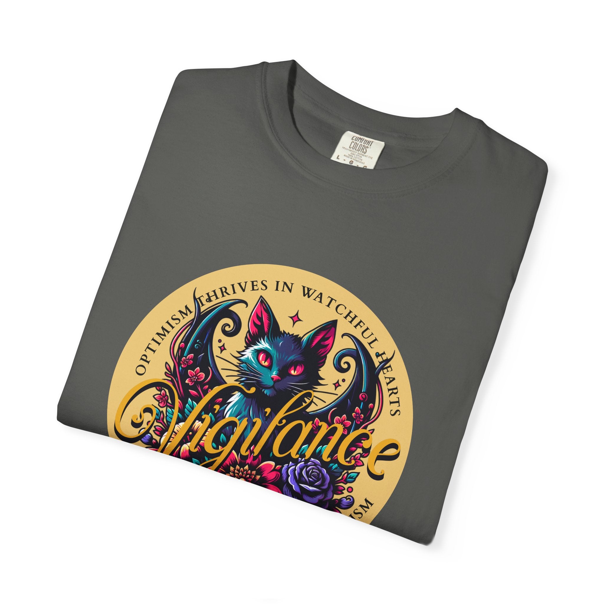 Vigilance Cat Graphic T-Shirt — Retro Floral Crest Tee