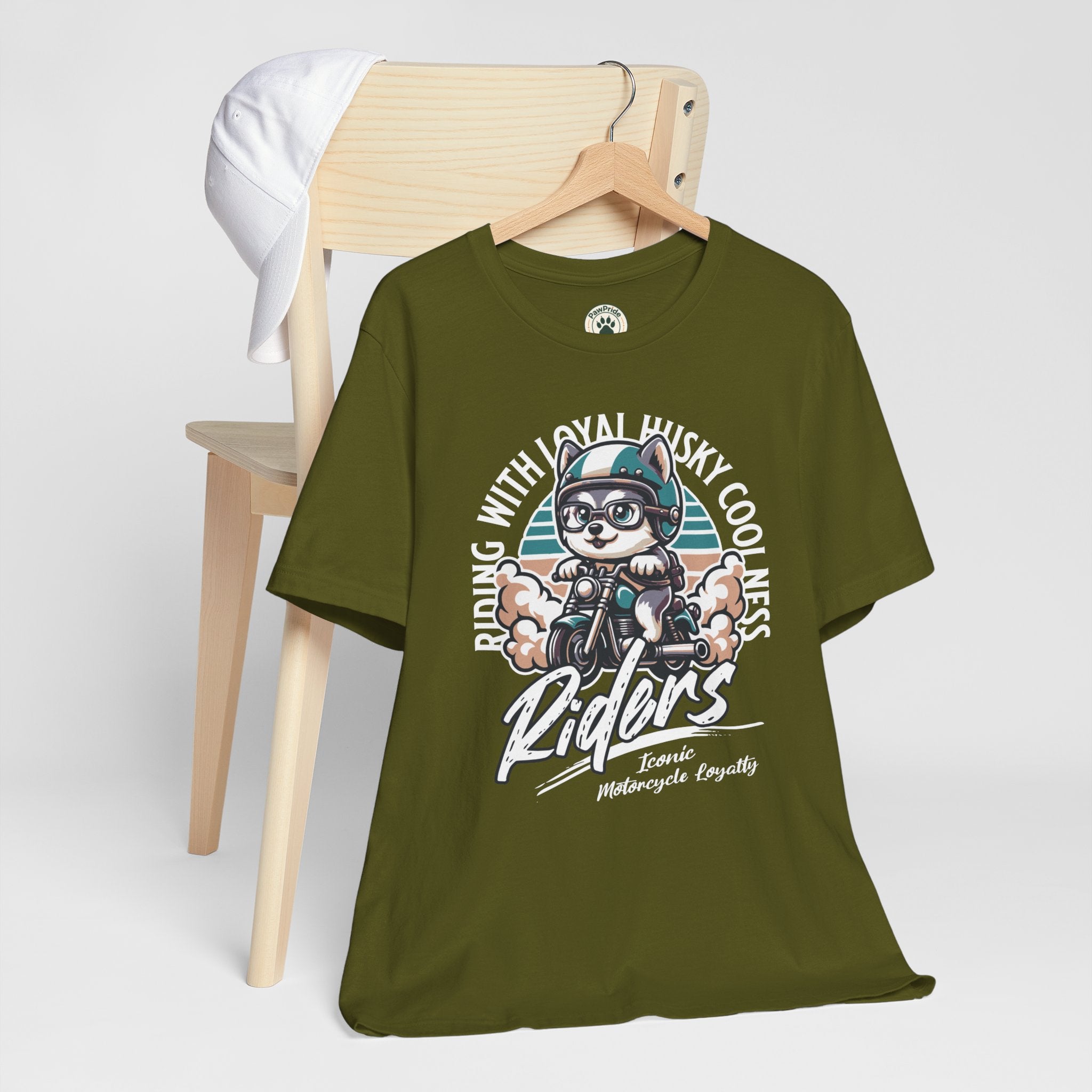 Riders Cat Motorcycle Tee — "Riding With Loyal Husky Coolness" Graphic Shirt