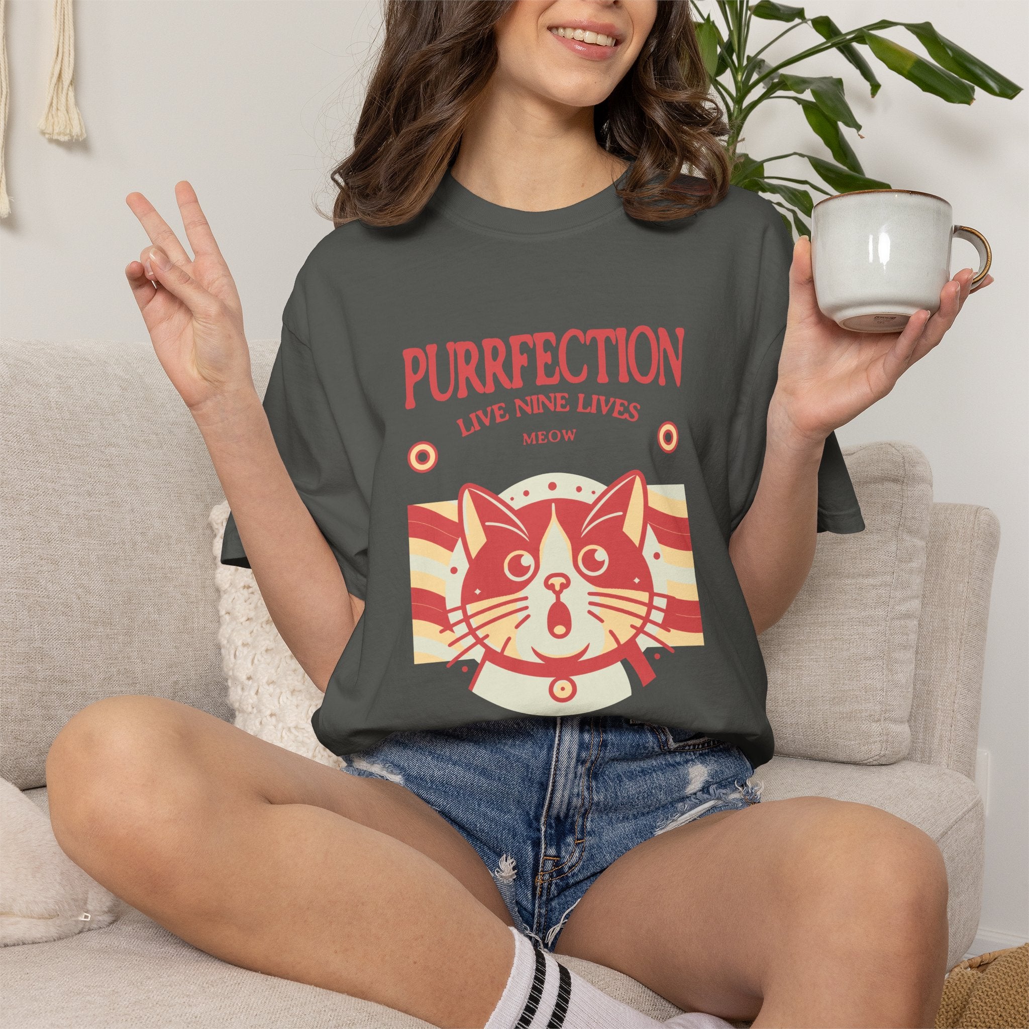 Purrfection Cat T-Shirt — "Purrfection Lives Nine Lives" Retro Cat Graphic Tee