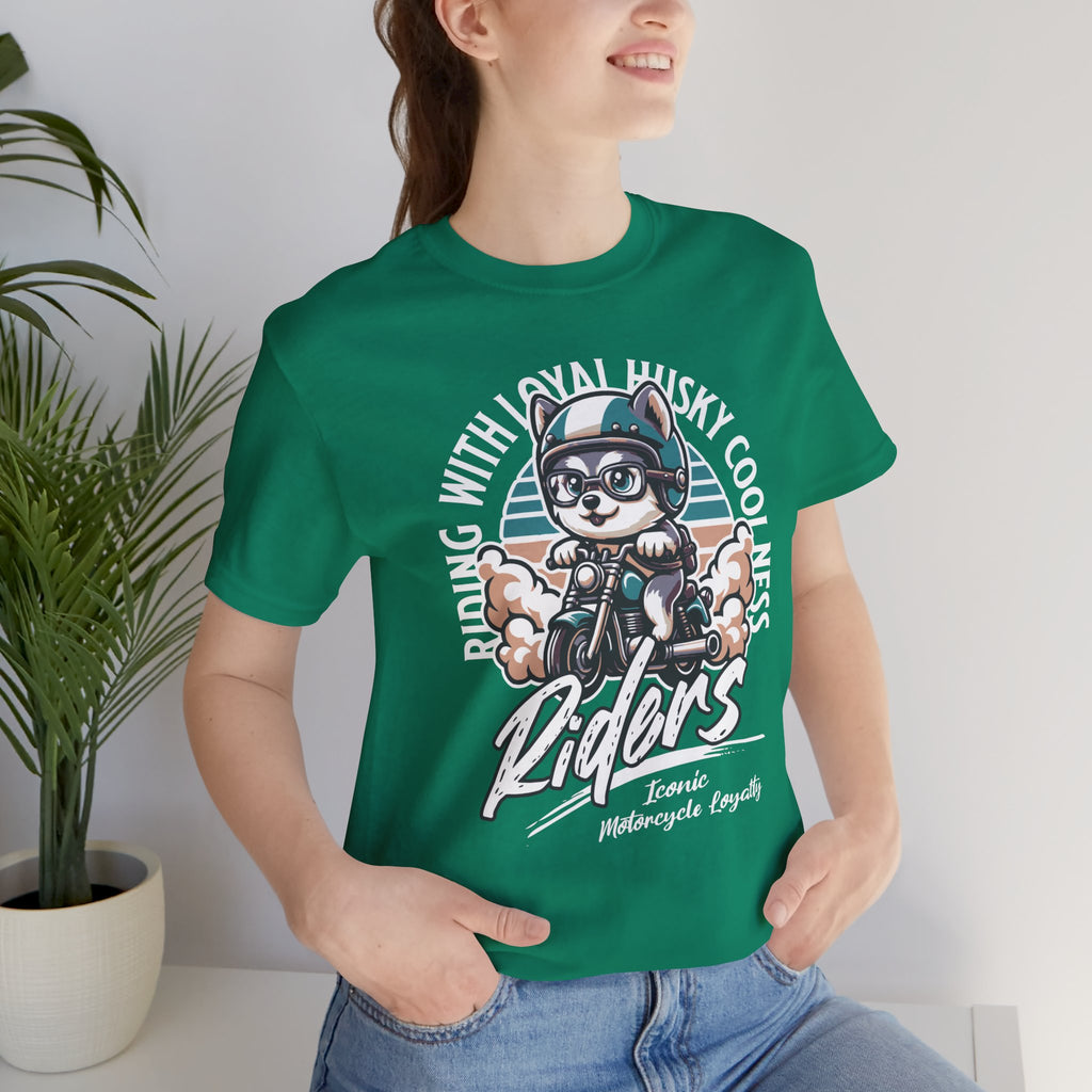 Riders Cat Motorcycle Tee — "Riding With Loyal Husky Coolness" Graphic Shirt