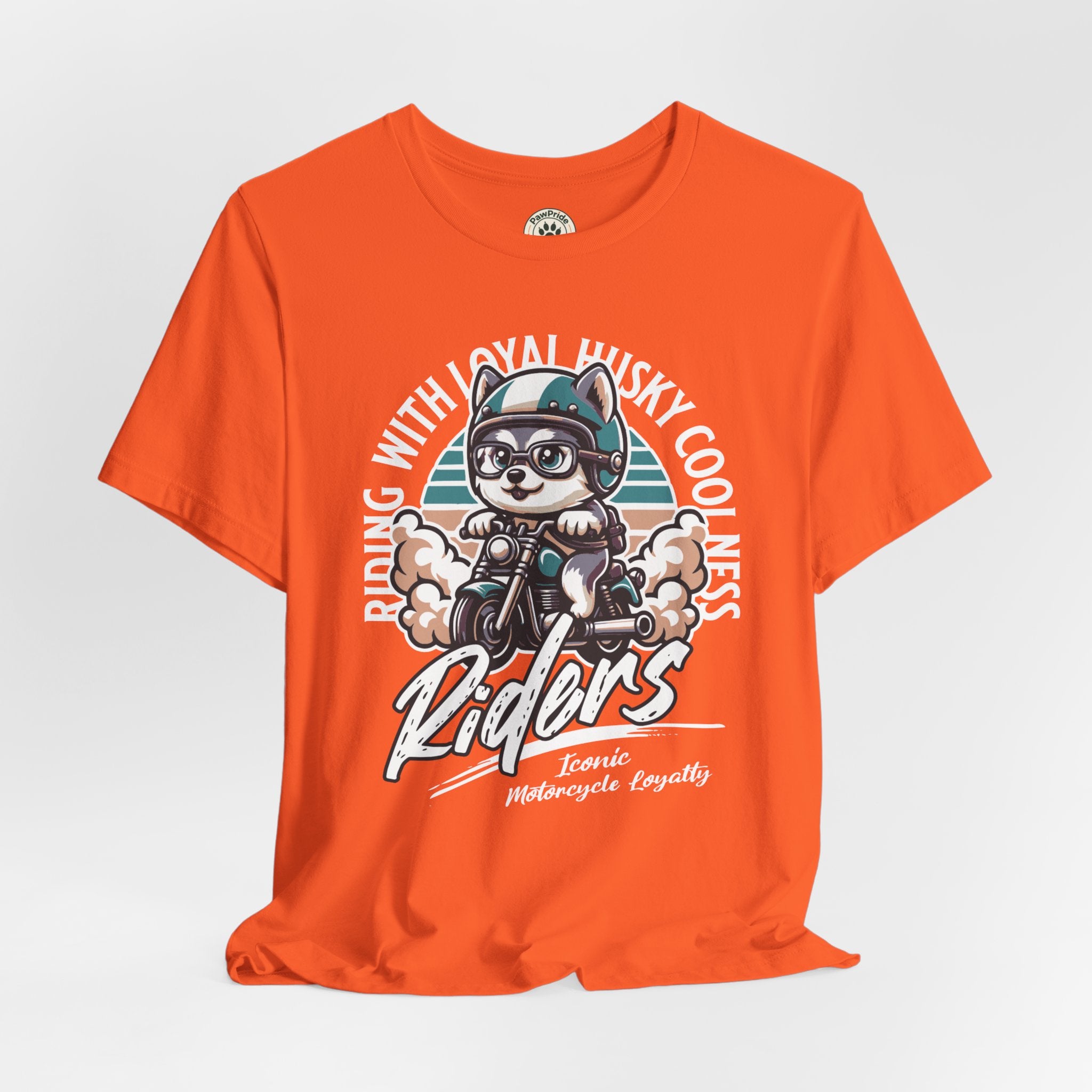 Riders Cat Motorcycle Tee — "Riding With Loyal Husky Coolness" Graphic Shirt