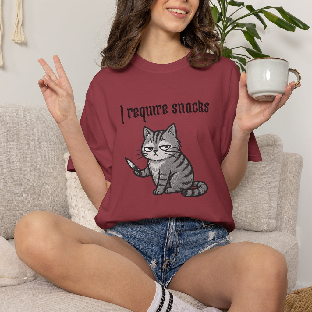 I Require Snacks Cat T‑Shirt — Cute Grumpy Kitty Graphic Tee