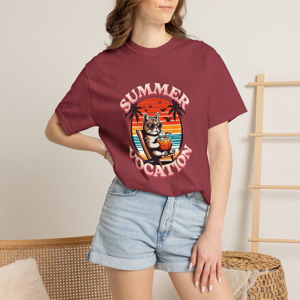 Summer Vacation T‑Shirt — Retro Cat on Beach Graphic