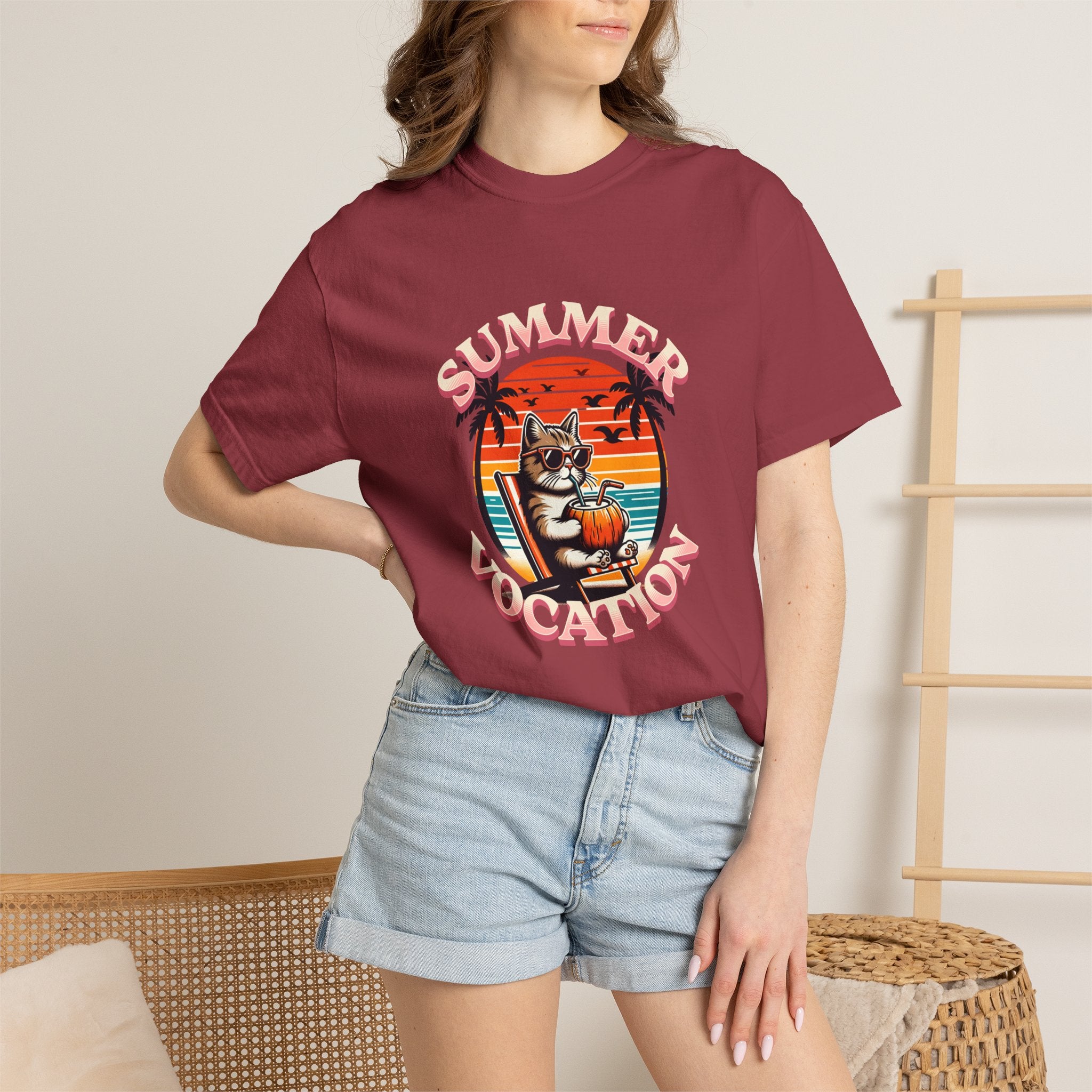 Summer Vacation T‑Shirt — Retro Cat on Beach Graphic