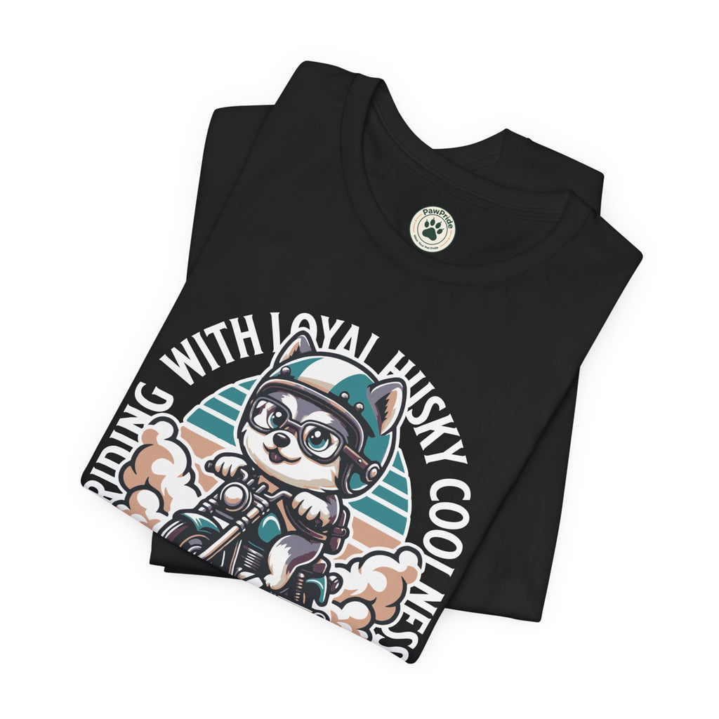 Riders Cat Motorcycle Tee — "Riding With Loyal Husky Coolness" Graphic Shirt