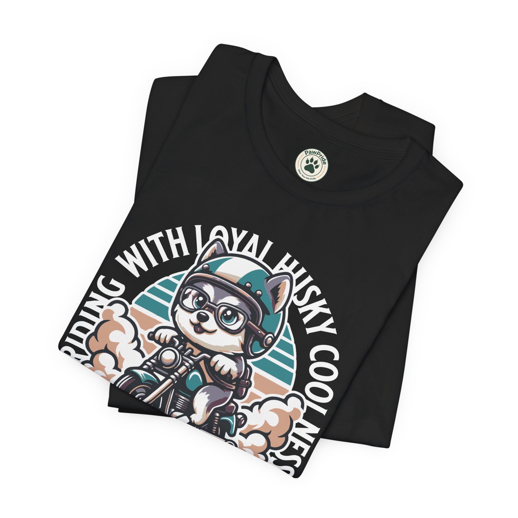 Riders Cat Motorcycle Tee — "Riding With Loyal Husky Coolness" Graphic Shirt