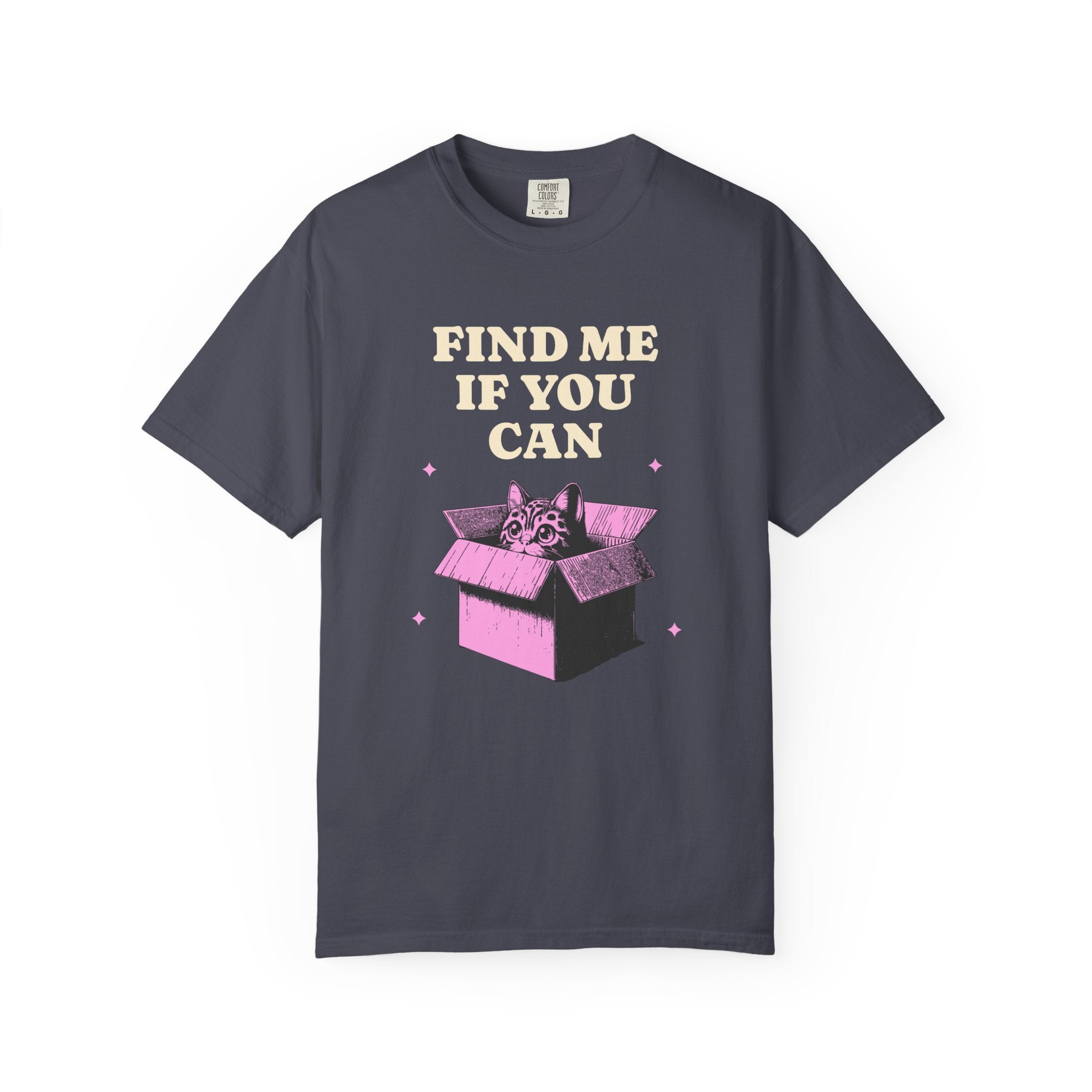 Find Me If You Can Cat T-Shirt — Playful Cat in Box Graphic Tee