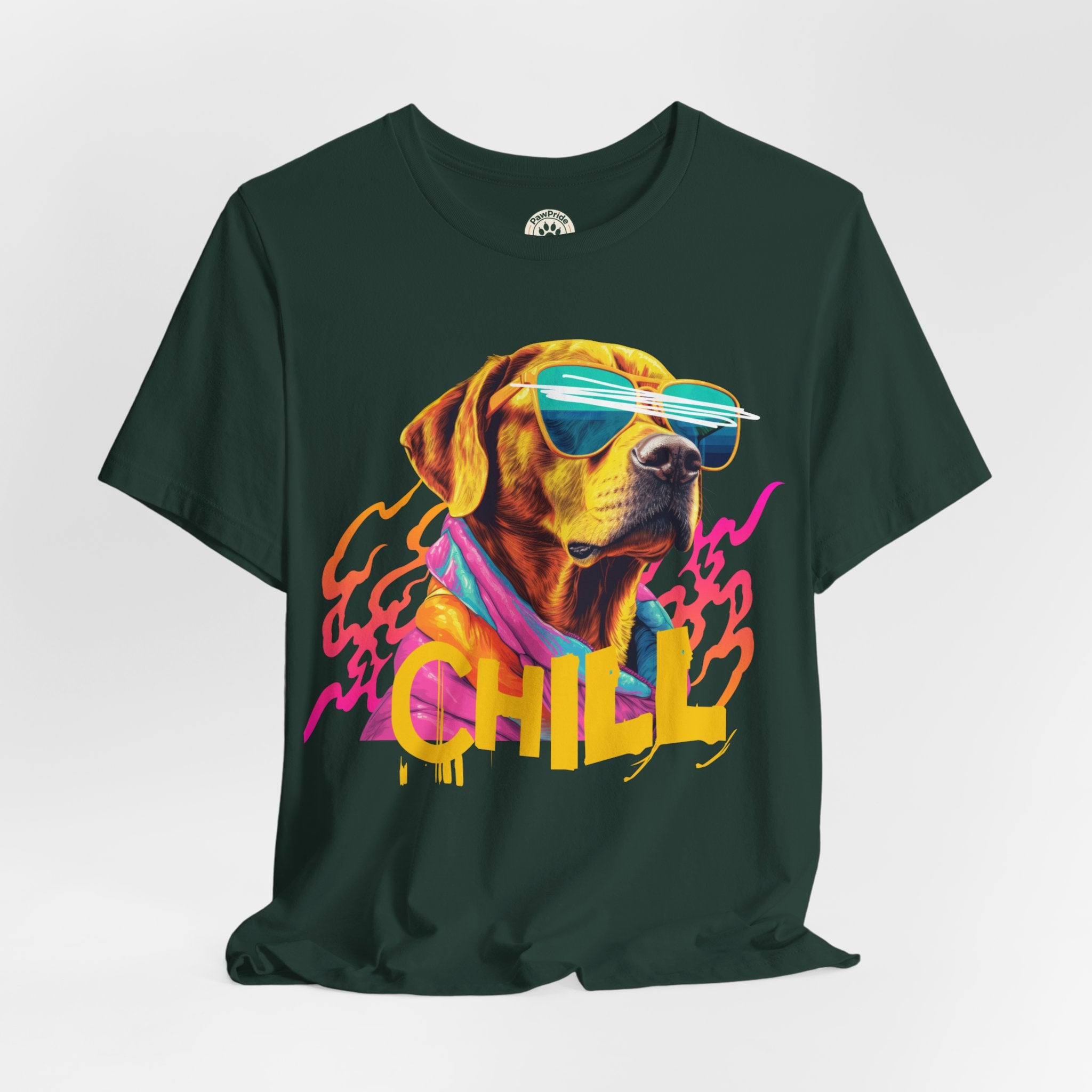 Chill Sunglasses Dog Tee — Retro Neon “CHILL” Graphic T-Shirt
