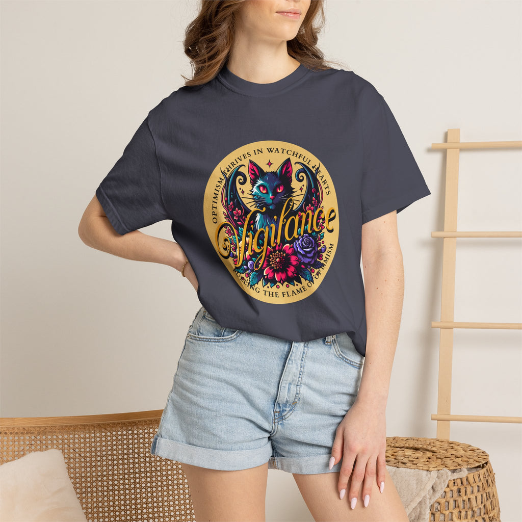 Vigilance Cat Graphic T-Shirt — Retro Floral Crest Tee