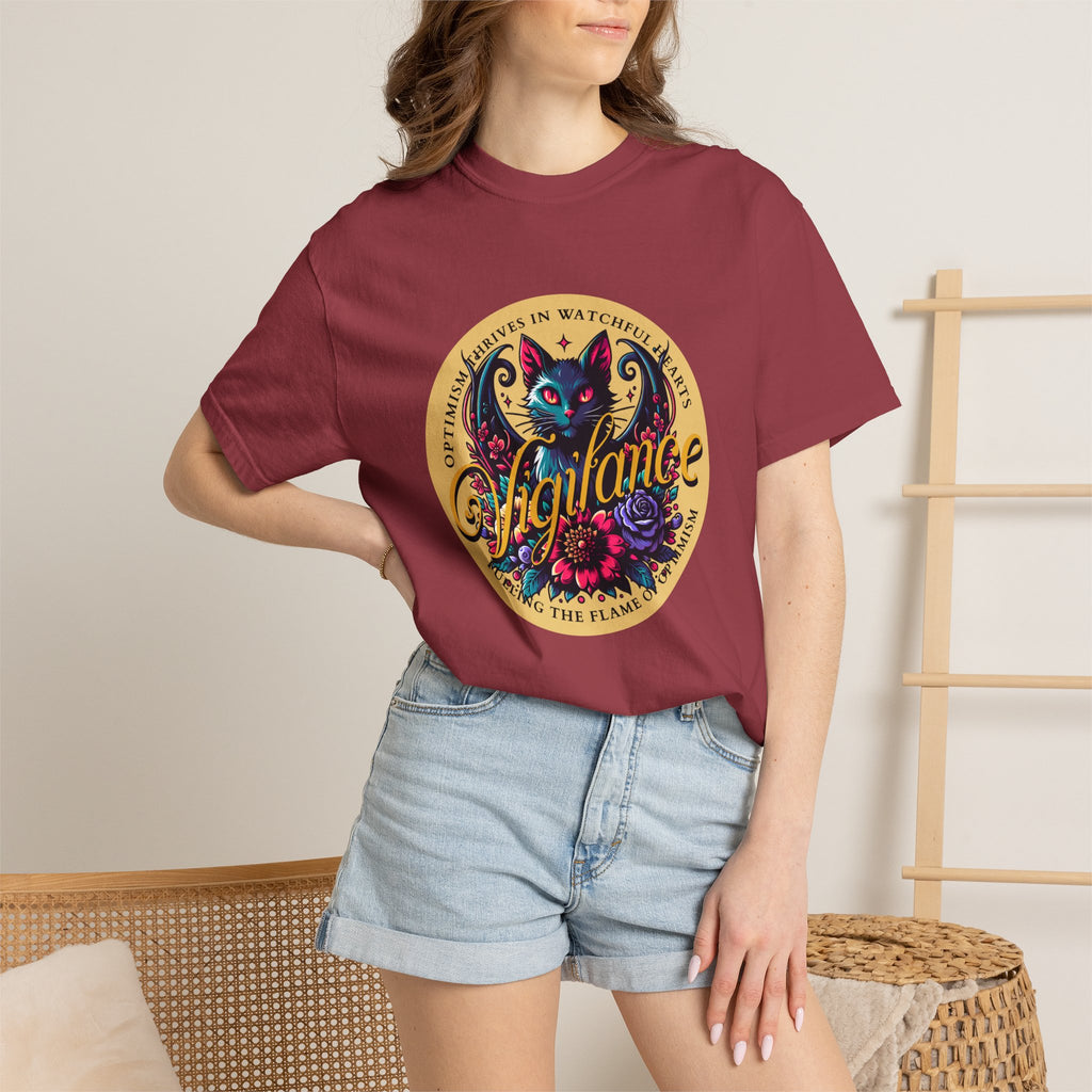 Vigilance Cat Graphic T-Shirt — Retro Floral Crest Tee