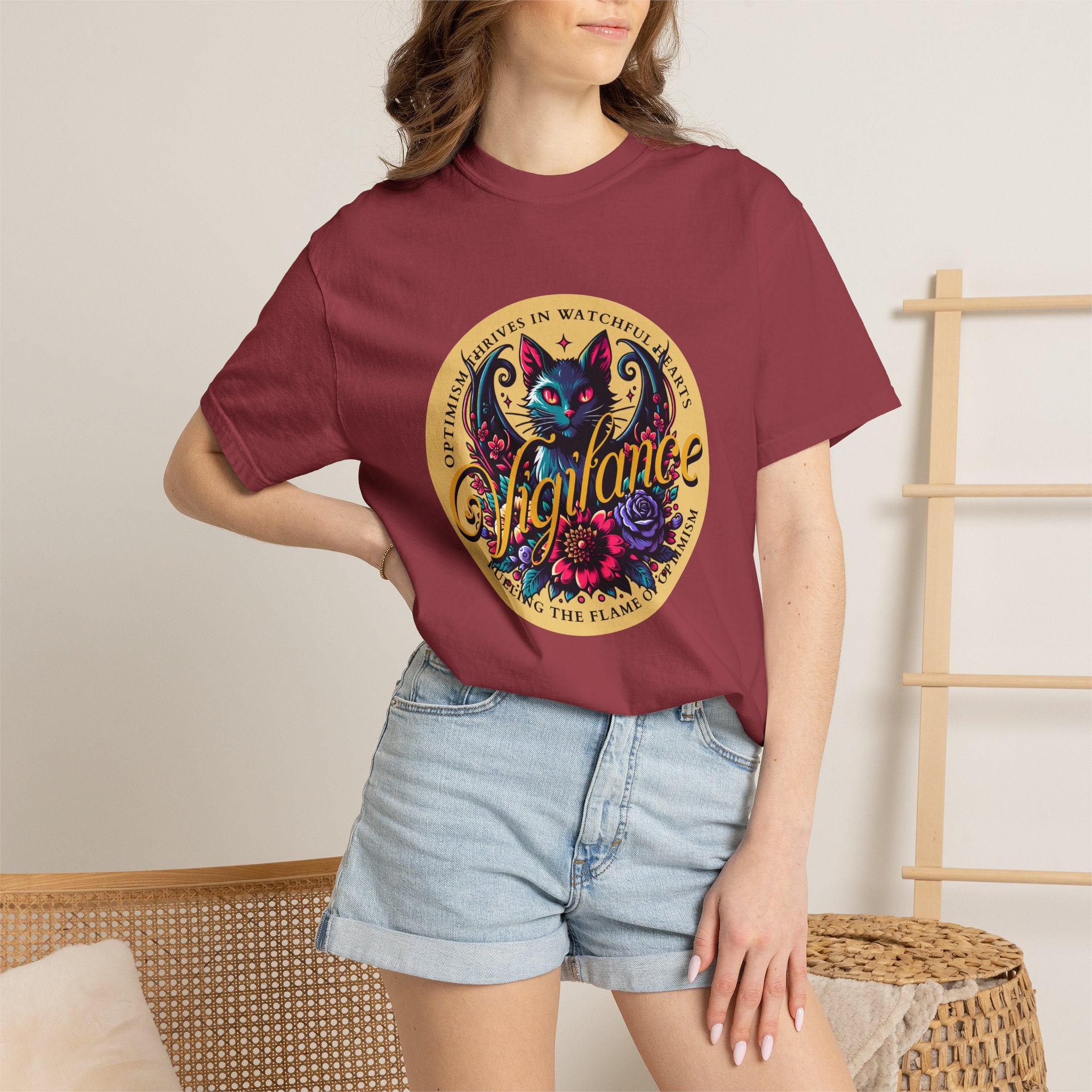 Vigilance Cat Graphic T-Shirt — Retro Floral Crest Tee