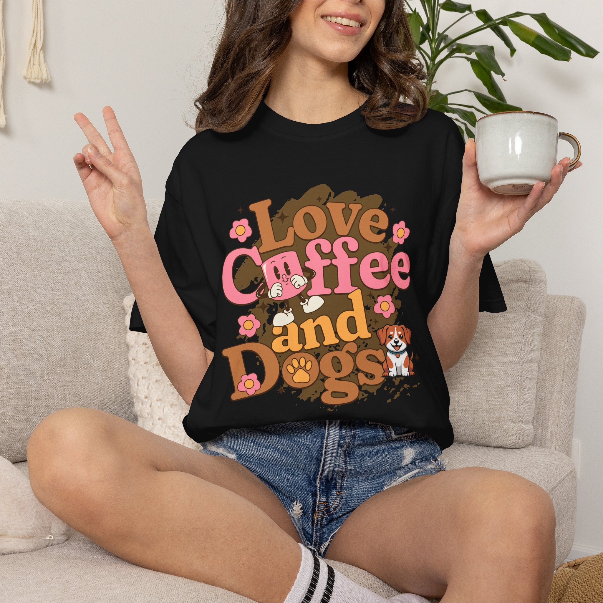 Love Coffee and Dogs T-Shirt — Retro Floral Dog Lover Tee