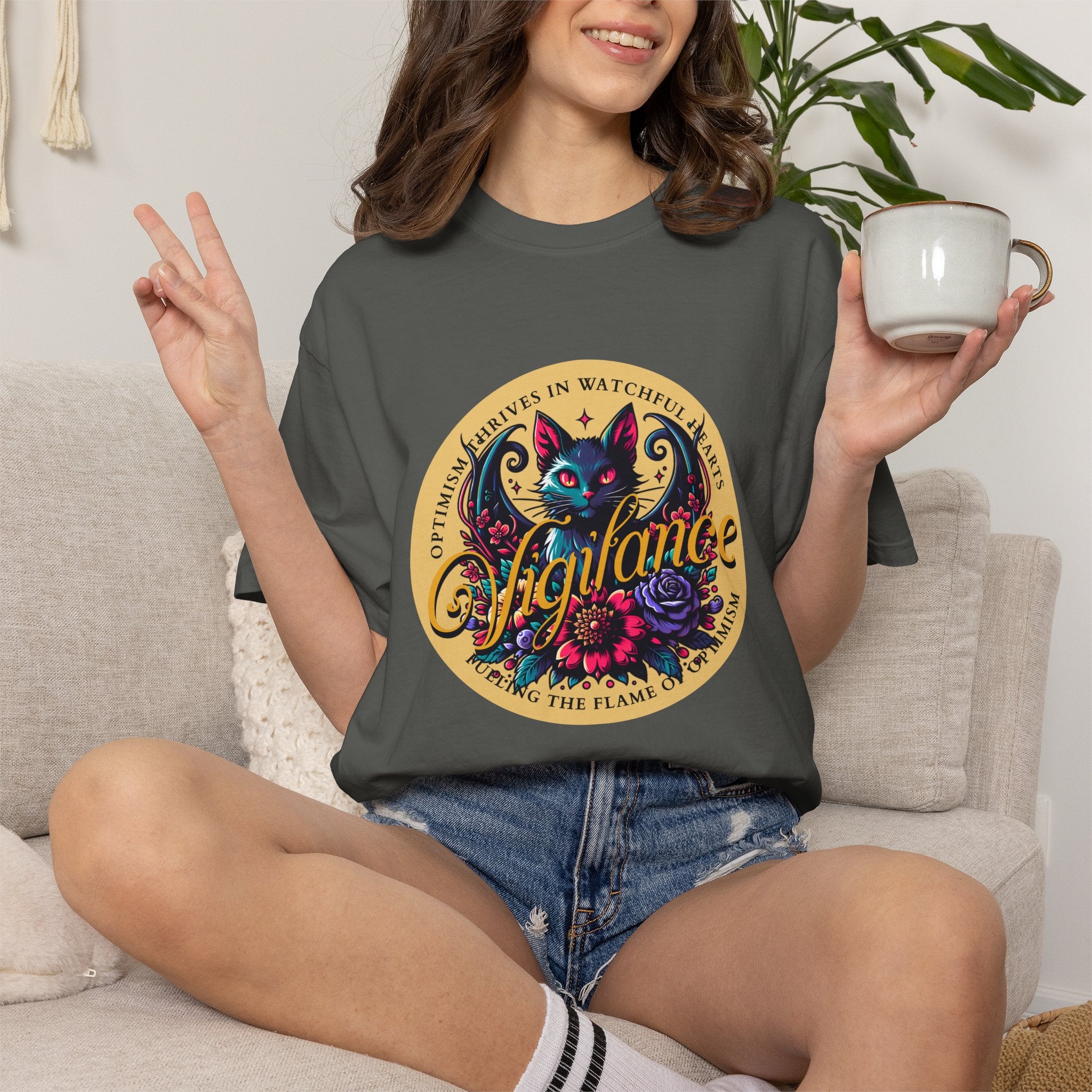 Vigilance Cat Graphic T-Shirt — Retro Floral Crest Tee