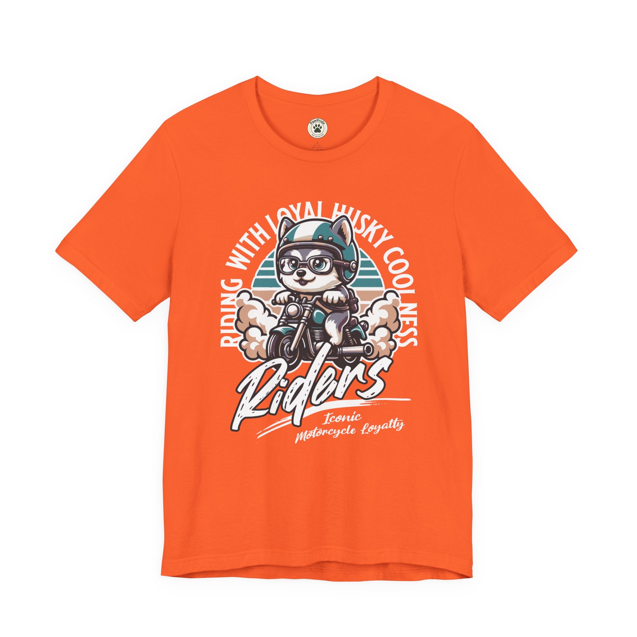 Riders Cat Motorcycle Tee — "Riding With Loyal Husky Coolness" Graphic Shirt