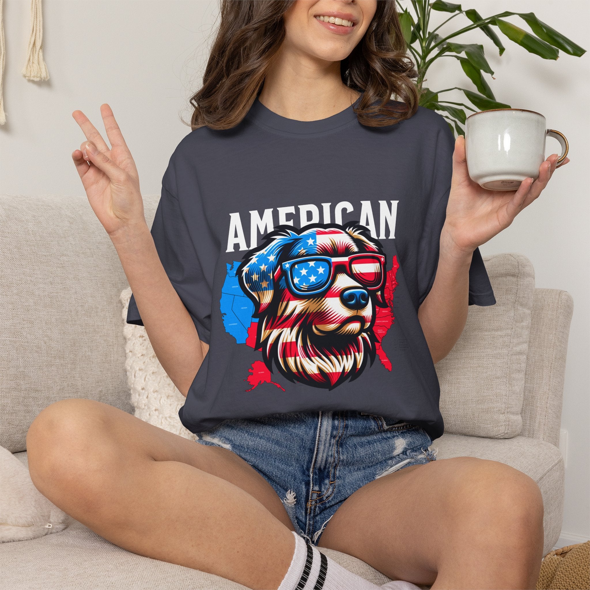 American Dog Graphic T-Shirt — Patriotic Sunglasses USA Crew Tee