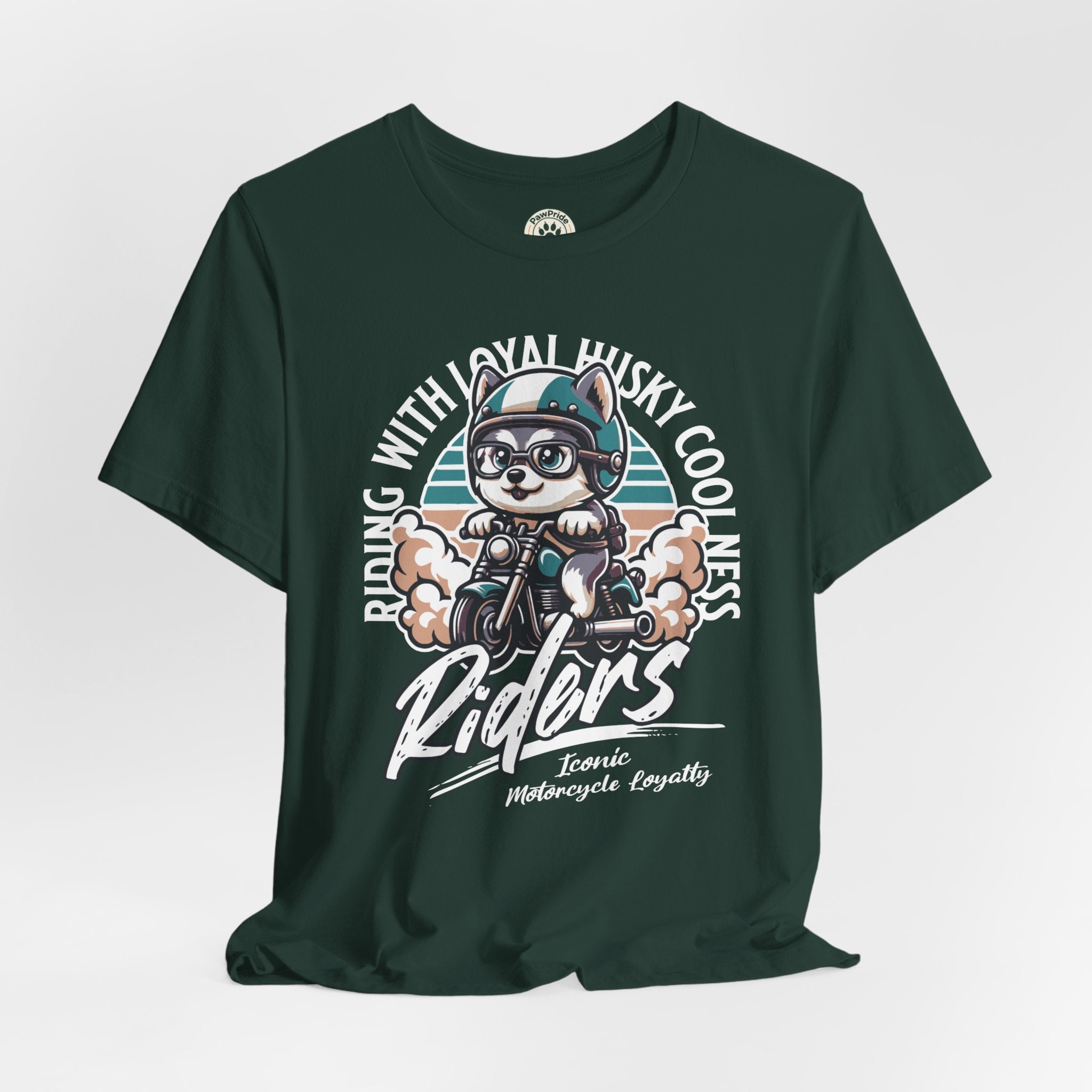 Riders Cat Motorcycle Tee — "Riding With Loyal Husky Coolness" Graphic Shirt