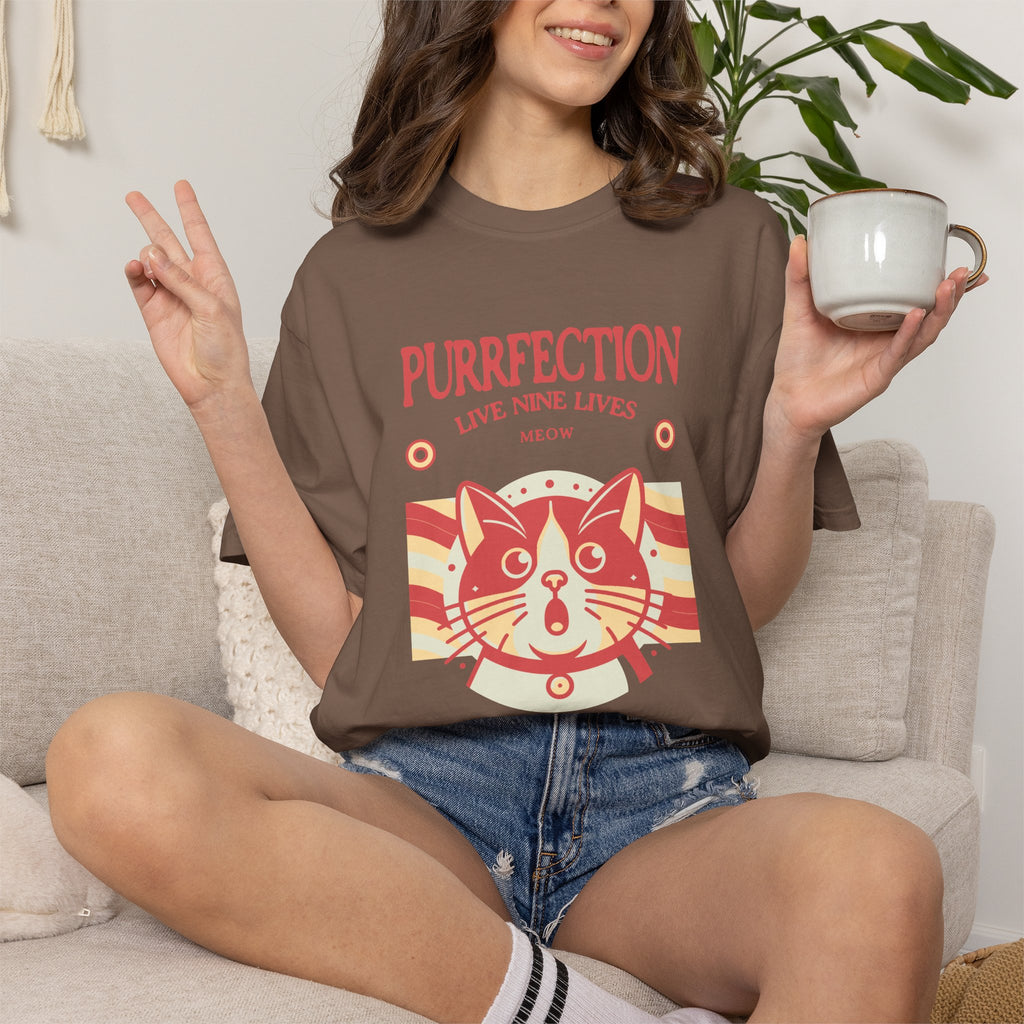 Purrfection Cat T-Shirt — "Purrfection Lives Nine Lives" Retro Cat Graphic Tee