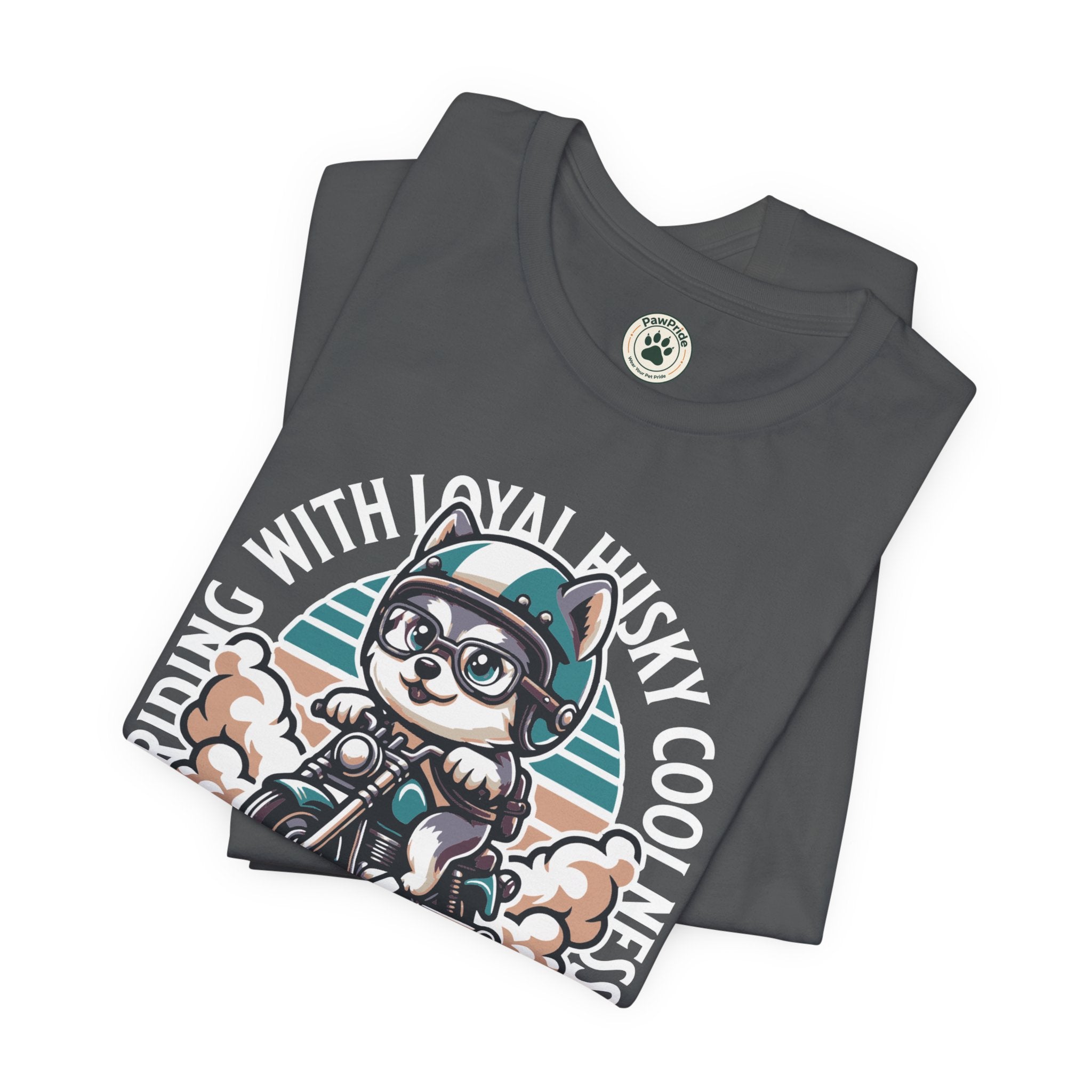 Riders Cat Motorcycle Tee — "Riding With Loyal Husky Coolness" Graphic Shirt
