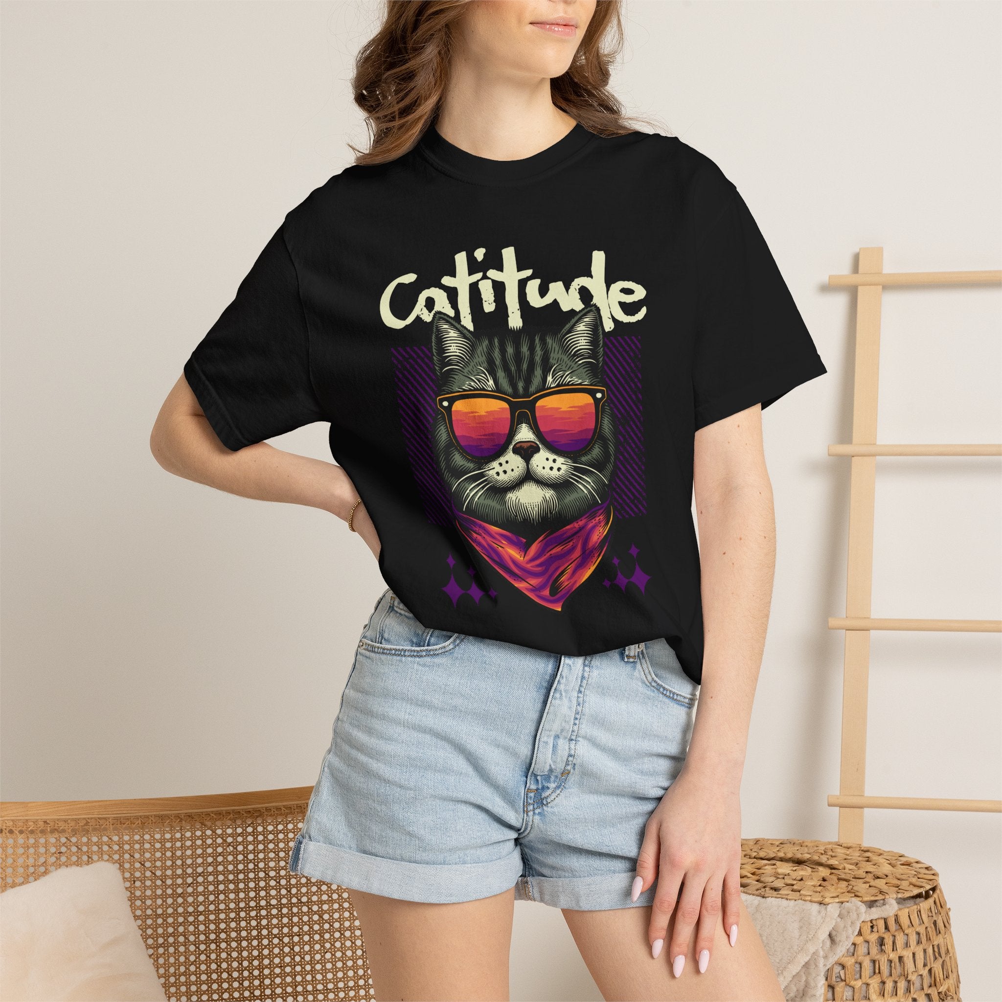 Cattitude Cat Tee — Retro Sunglasses & Bandana Graphic T-Shirt