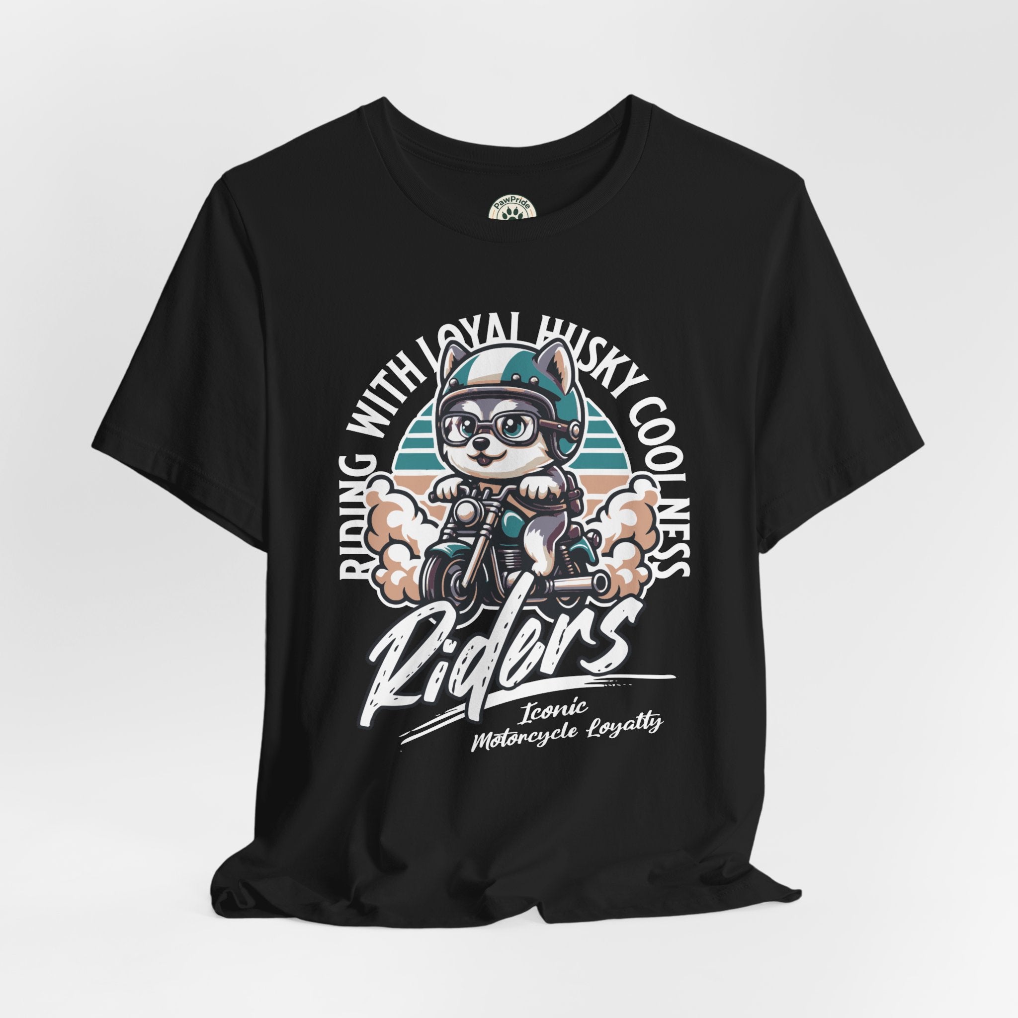 Riders Cat Motorcycle Tee — "Riding With Loyal Husky Coolness" Graphic Shirt