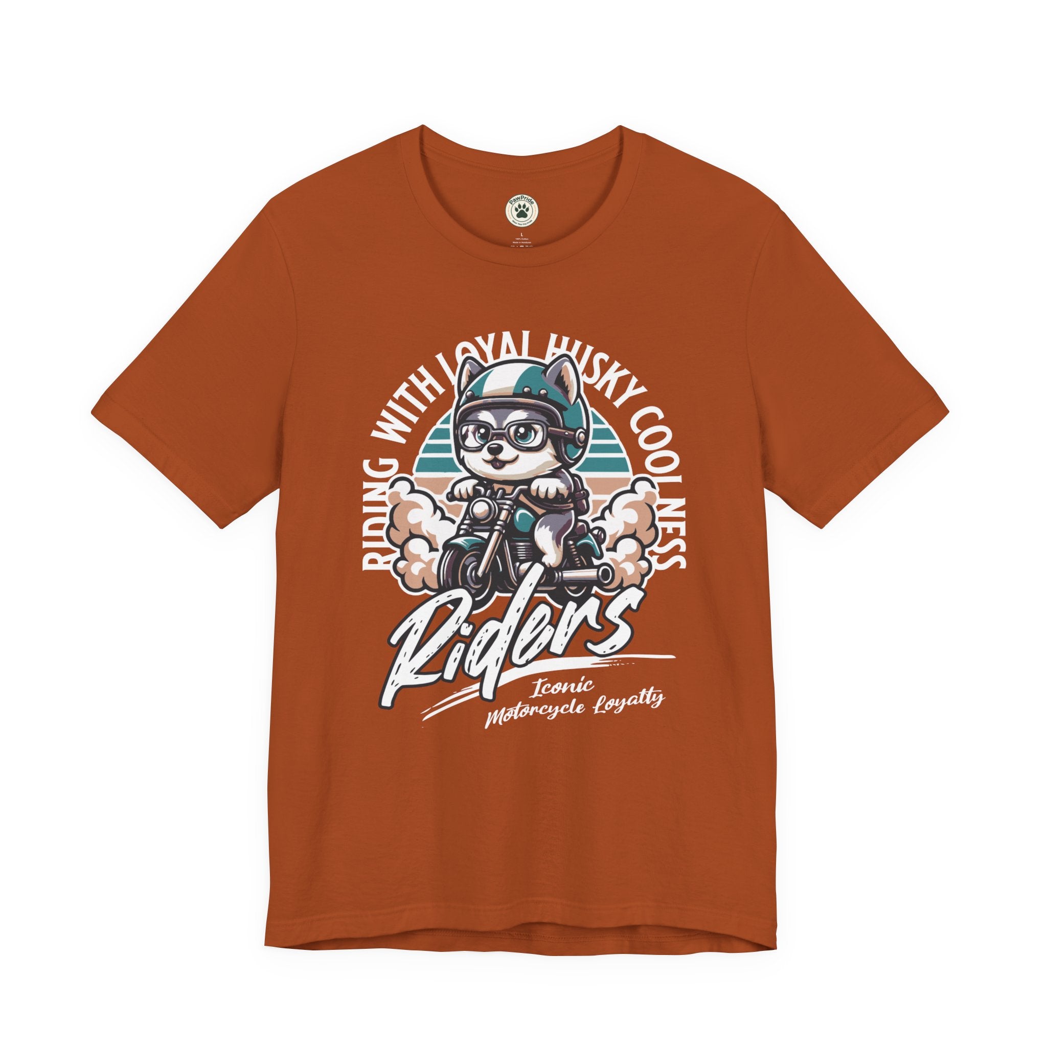 Riders Cat Motorcycle Tee — "Riding With Loyal Husky Coolness" Graphic Shirt