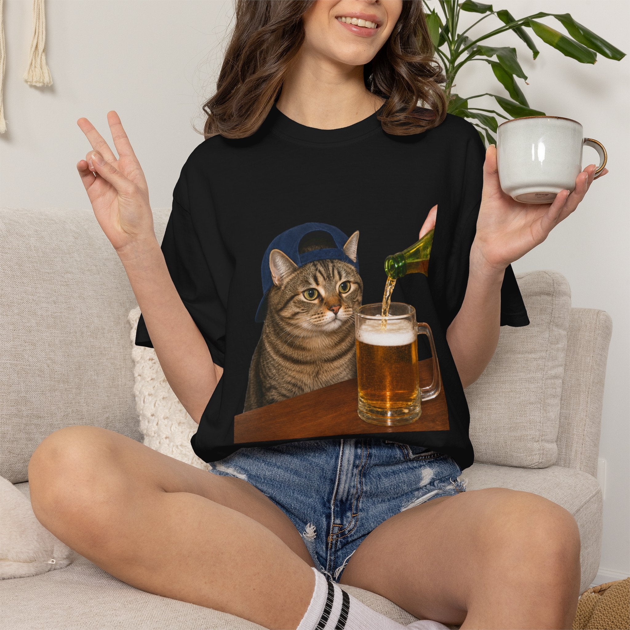 Cat With Beer T-Shirt — Funny Cat Drinking Beer Graphic Tee