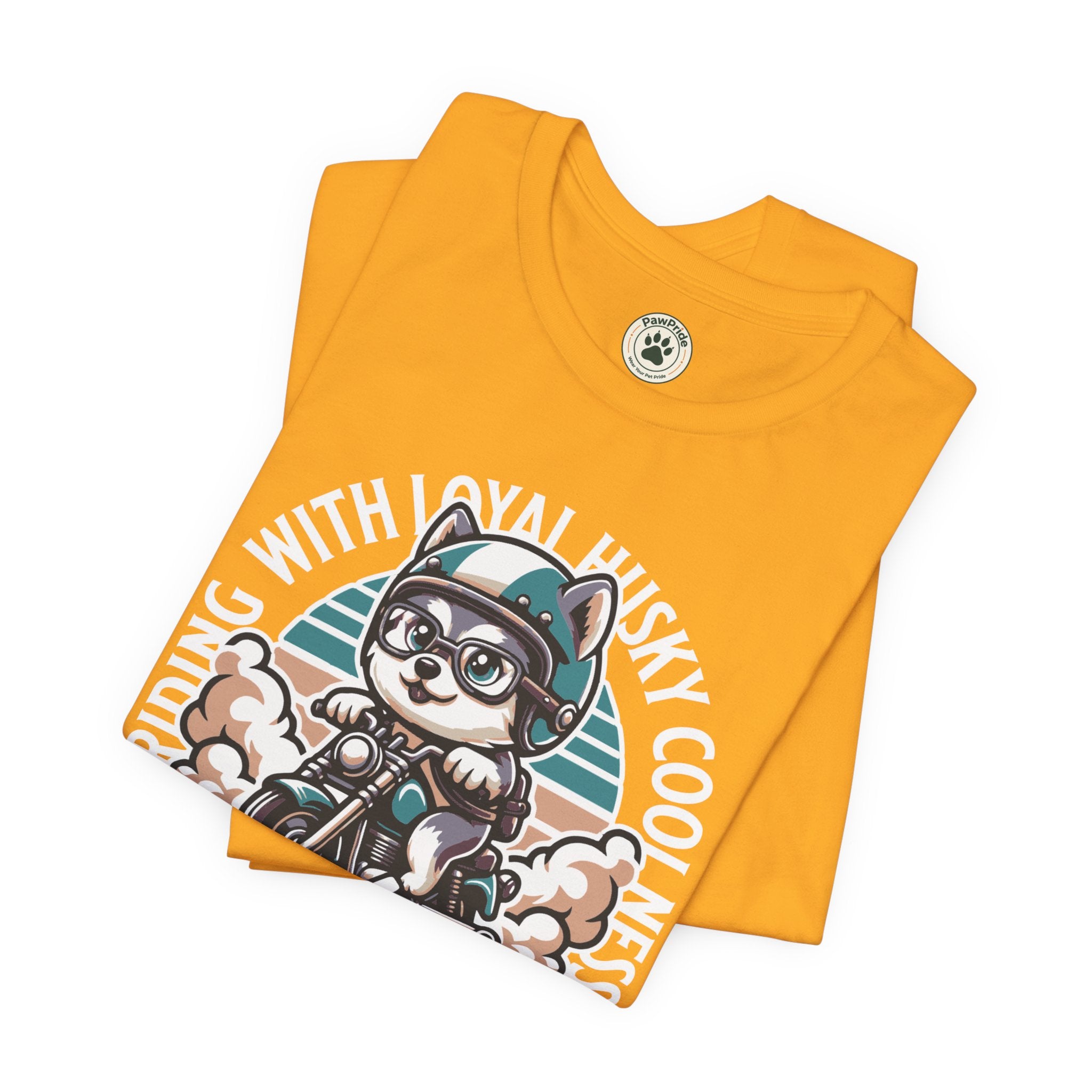 Riders Cat Motorcycle Tee — "Riding With Loyal Husky Coolness" Graphic Shirt