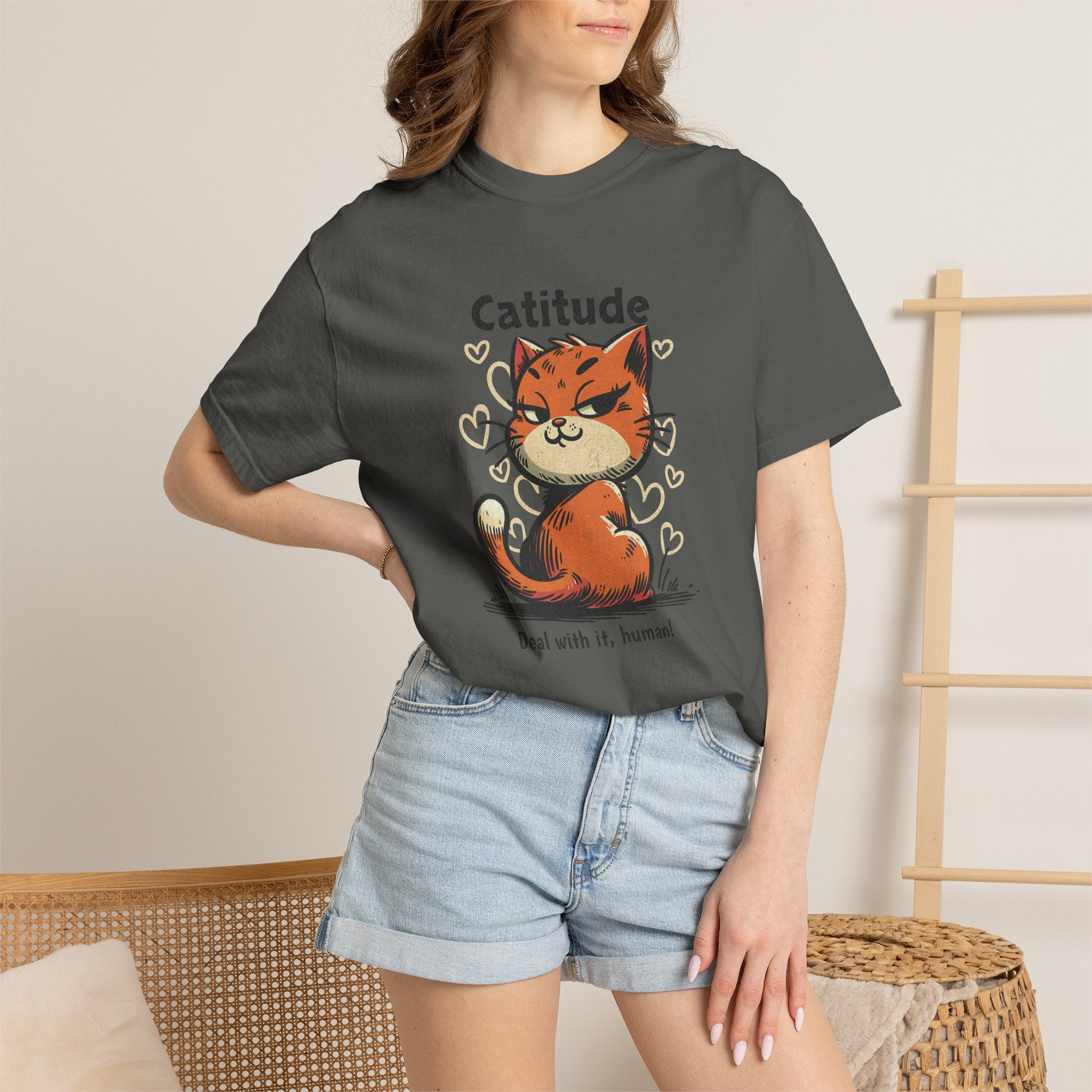 Catitude T-Shirt — Cute Orange Cat Graphic Tee, "Deal with it, human!"