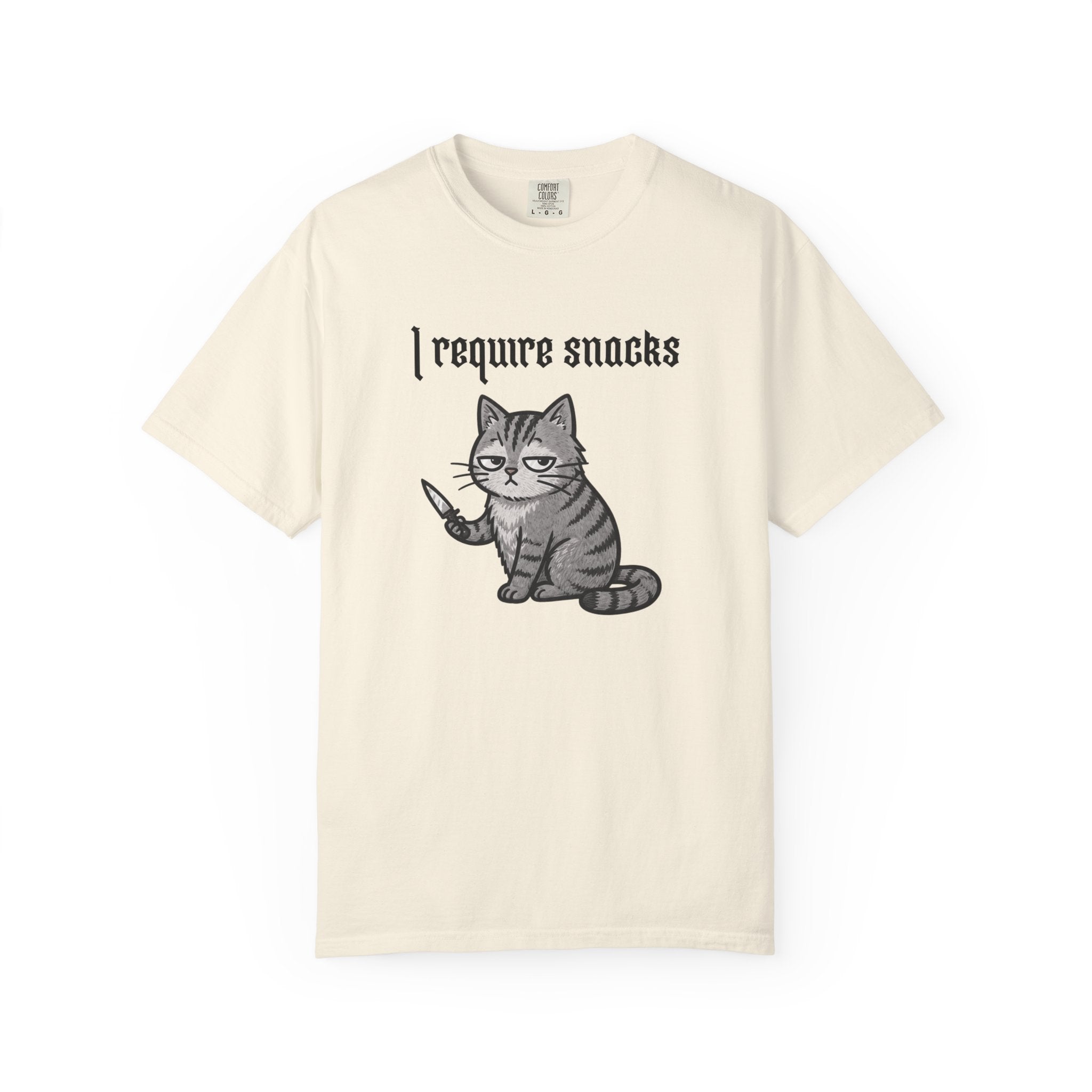 I Require Snacks Cat T‑Shirt — Cute Grumpy Kitty Graphic Tee